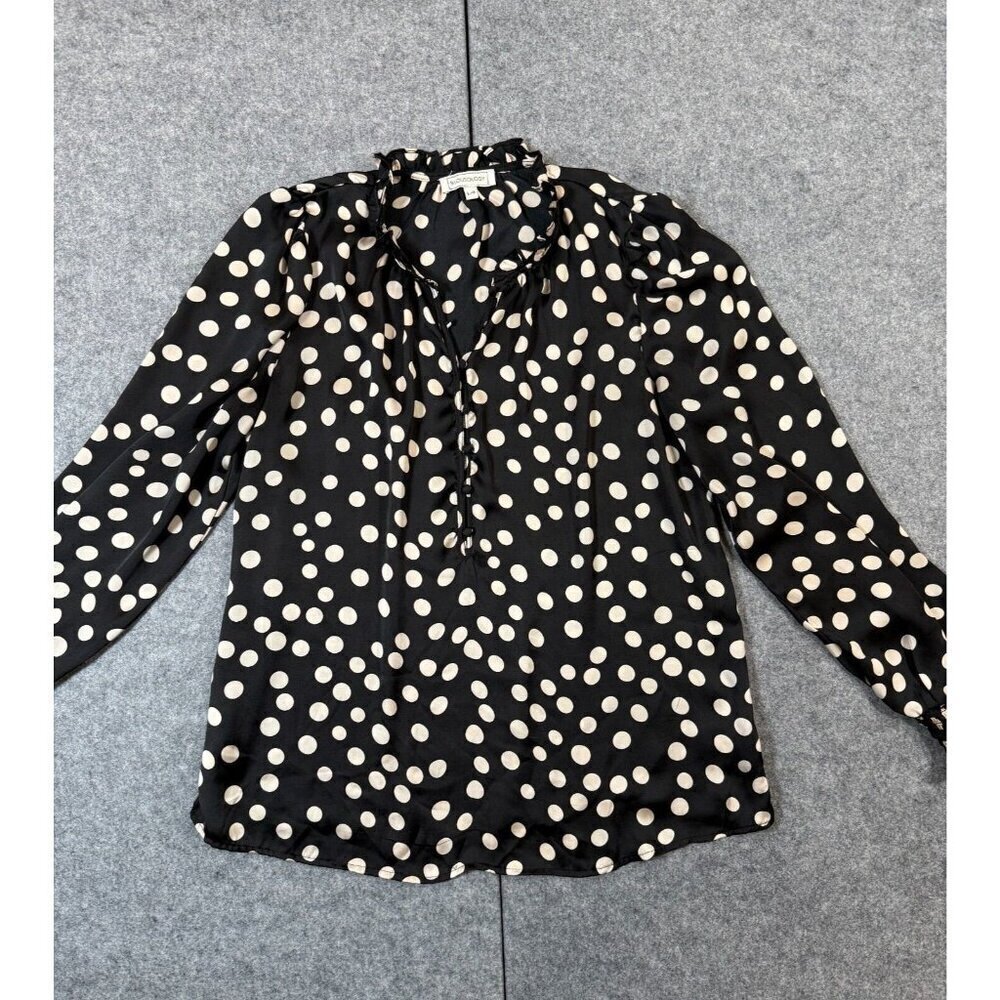 Blousology Popover Top Women's Large Black Beige Polka Dot Mock Neck Long Sleeve